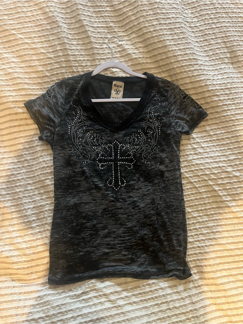 Vocal Black Rhinestone Cross V-Neck Tee